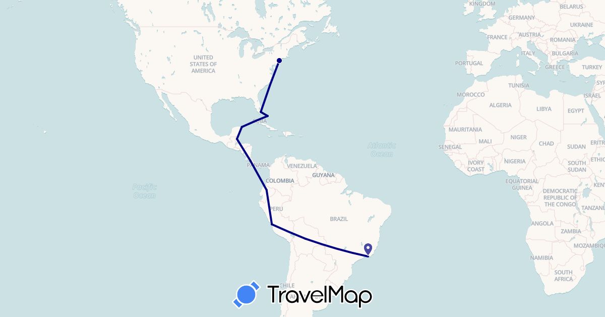 TravelMap itinerary: driving in Bolivia, Brazil, Bahamas, Belize, Costa Rica, Ecuador, Mexico, Peru, United States (North America, South America)